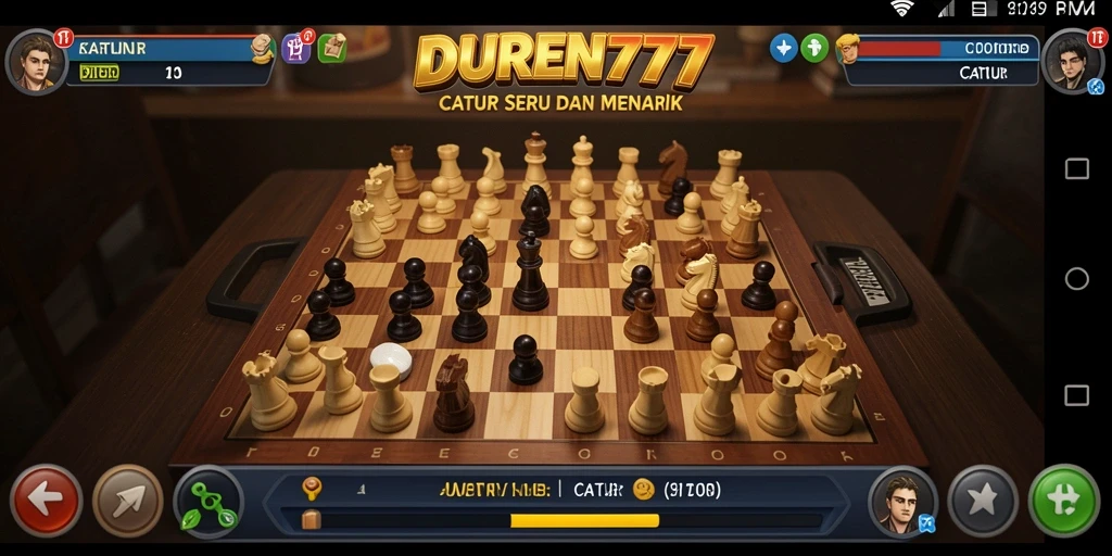 Screenshot antarmuka DUREN777 yang menunjukkan papan catur dan bidak yang menarik.