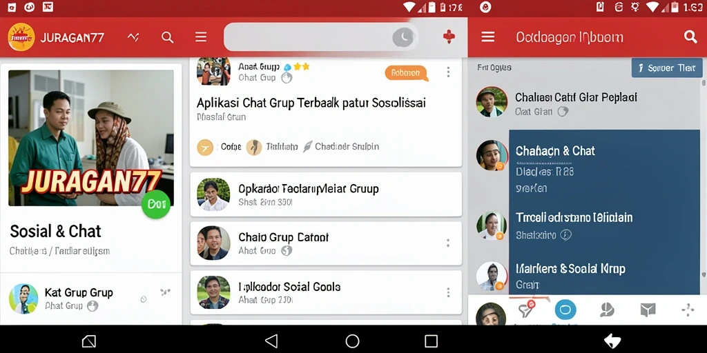 Antarmuka pengguna dari aplikasi JURAGAN77 dengan fitur Chat Grup yang menarik.